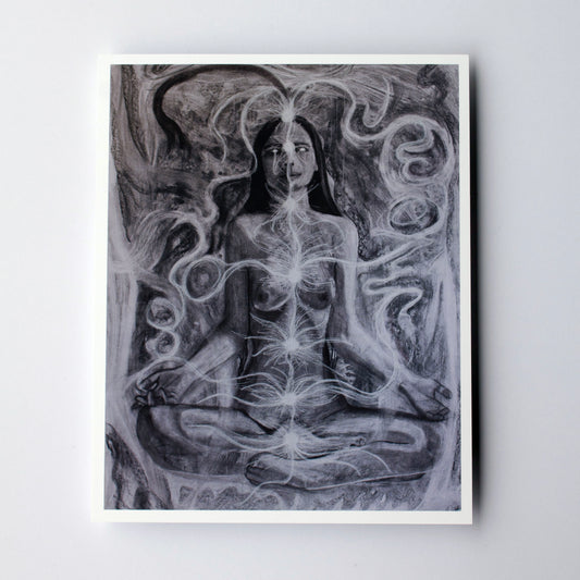 Artistic depiction of a nude figure with intricate patterns and energy lines flowing around and into the 7 chakra points.