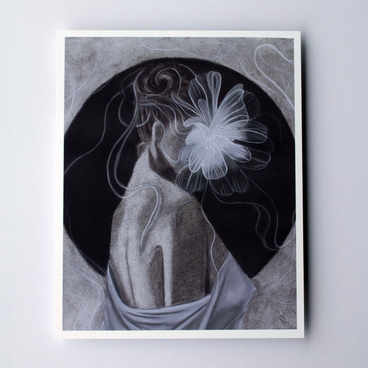 A monochrome figurative artwork showing a draped human torso and arm against a dark oval, with a large luminous flower-like form in the hair and fine flowing lines around the figure. The piece is rendered in grayscale tones on a square canvas with a white border around it.