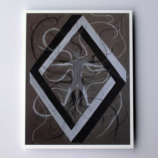 An abstract diamond shape with two individuals overlapping each other creating a grey overlap with flowing abstract lines around the background