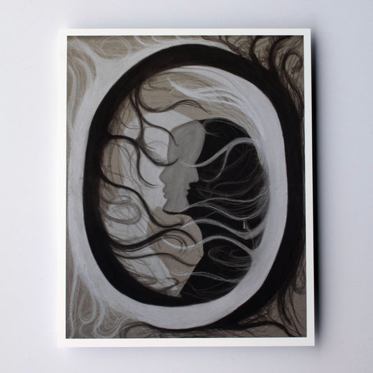An abstract circle with black and white figures overlapping in the middle on a cream background