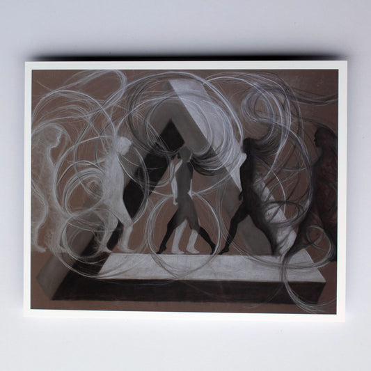 Abstract artwork with swirling lines and silhouettes on a brown background