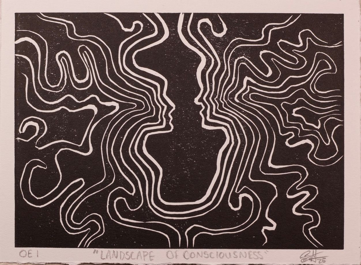 Black and white wavy line pattern like a topographic map forming abstract figures in the middle