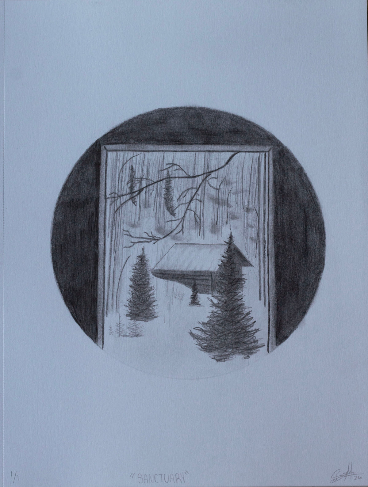A pencil drawing of a composition looking through a doorway as a frame out to a snowy scene with pine trees and a cabin surrounded by trees.
