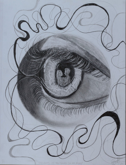 A monochrome pencil drawing of a human eye surrounded by abstract, flowing line patterns on a white background.