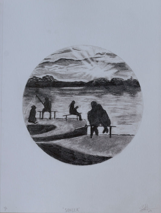 A monochrome circular artwork on a white background, showing silhouetted figures sitting and standing by a lake with hills and a bright sun in the sky. 