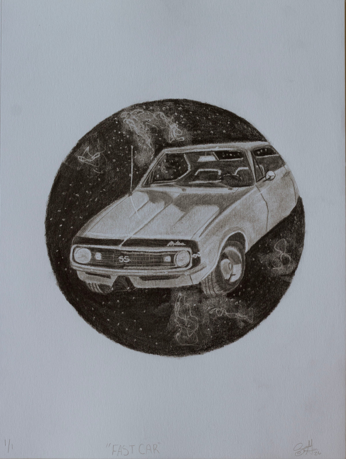 A pencil drawing in the shape of a circle on a white background that depicts a retro Camaro suspended in space. 