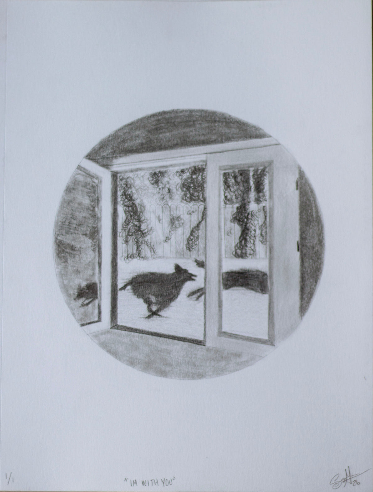 a pencil drawing of two silhouette dog figures running past an open door  in the shape of a circle on a white background.
