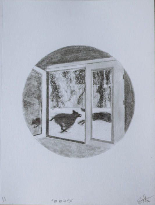 a pencil drawing of two silhouette dog figures running past an open door  in the shape of a circle on a white background.