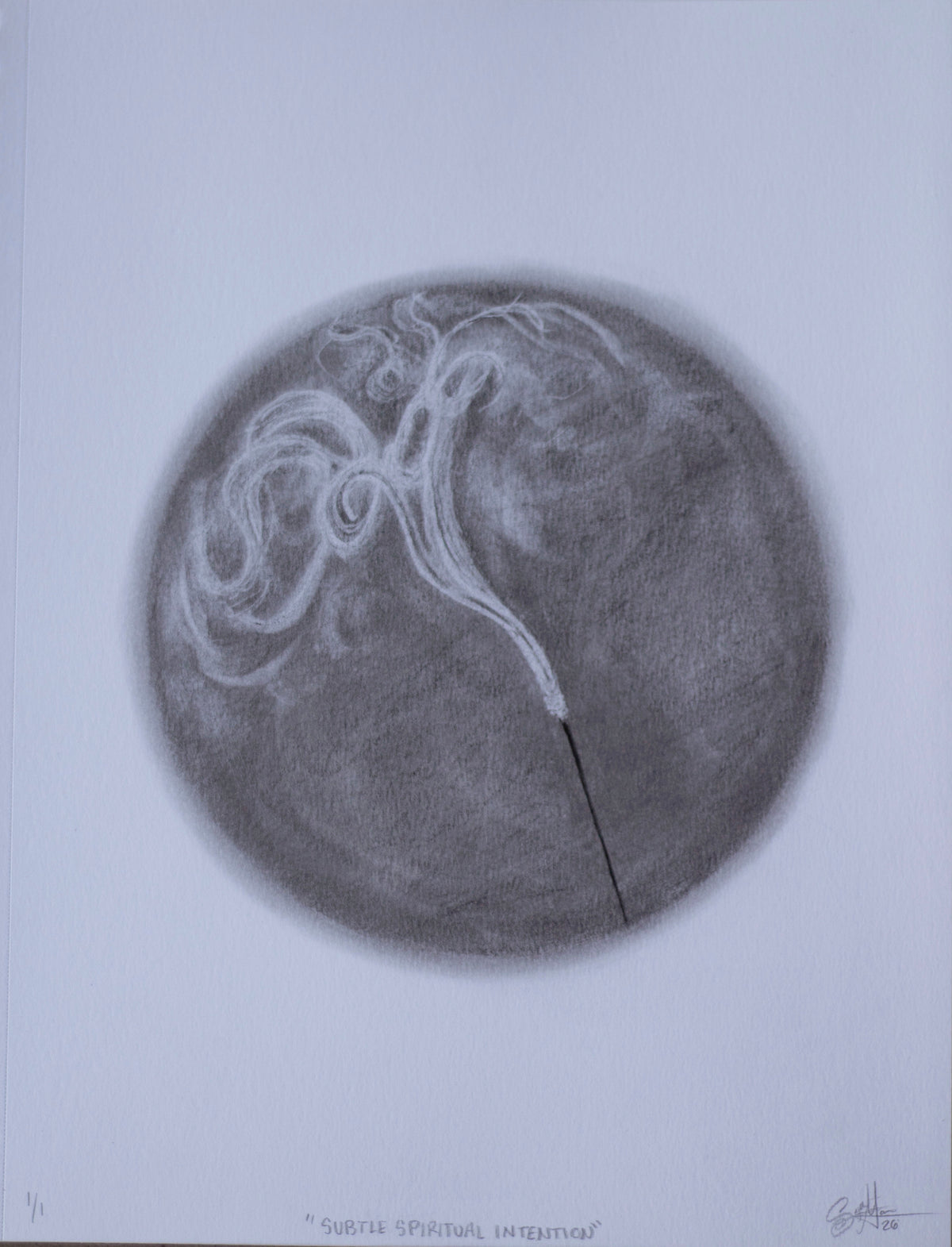 A pencil drawing in the shape of a circle on a white background that depicts a black burning incense with smoke swirling around.