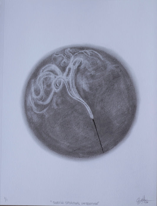 A pencil drawing in the shape of a circle on a white background that depicts a black burning incense with smoke swirling around.
