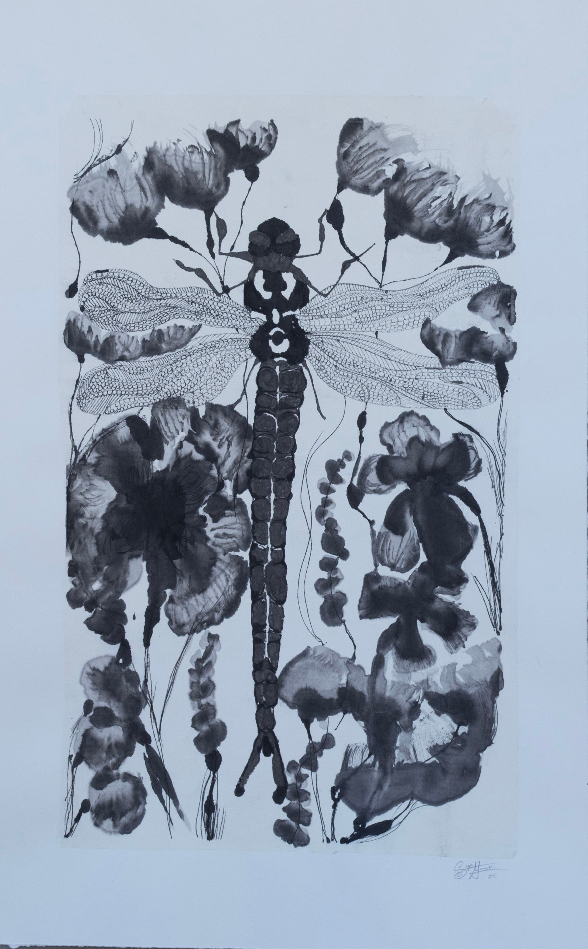 Artistic depiction of a dragonfly with floral elements on a white background
