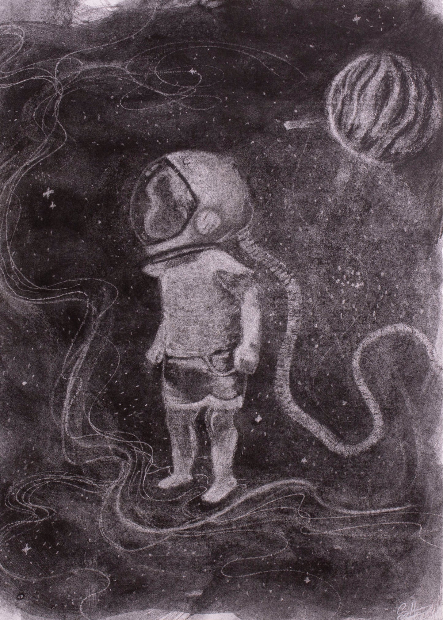 Illustration of a child astronaut in space with a dark background