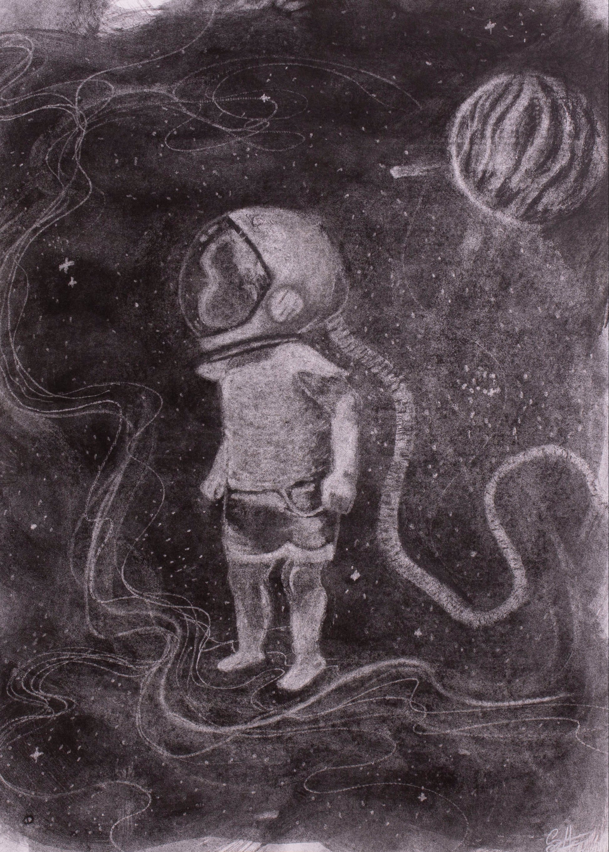 Illustration of a child astronaut in space with a dark background