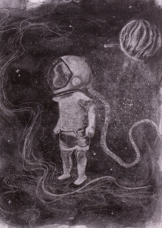 Illustration of a child astronaut in space with a dark background