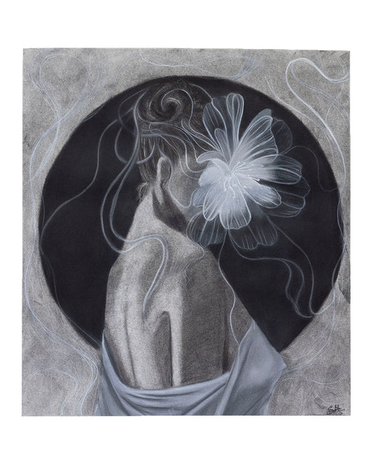 A monochrome figurative artwork showing a draped human torso and arm against a dark oval, with a large luminous flower-like form in the hair and fine flowing lines around the figure. The piece is rendered in grayscale tones on a square canvas with a white border around it.