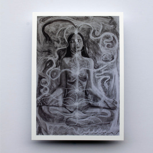 Artistic depiction of a nude figure with intricate patterns and energy lines flowing around and into the 7 chakra points. 
