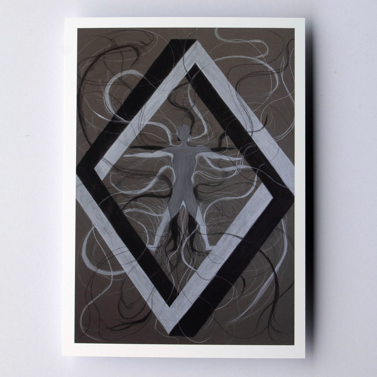 An abstract diamond shape with two individuals overlapping each other creating a grey overlap with flowing abstract lines around the background 