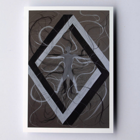 An abstract diamond shape with two individuals overlapping each other creating a grey overlap with flowing abstract lines around the background 