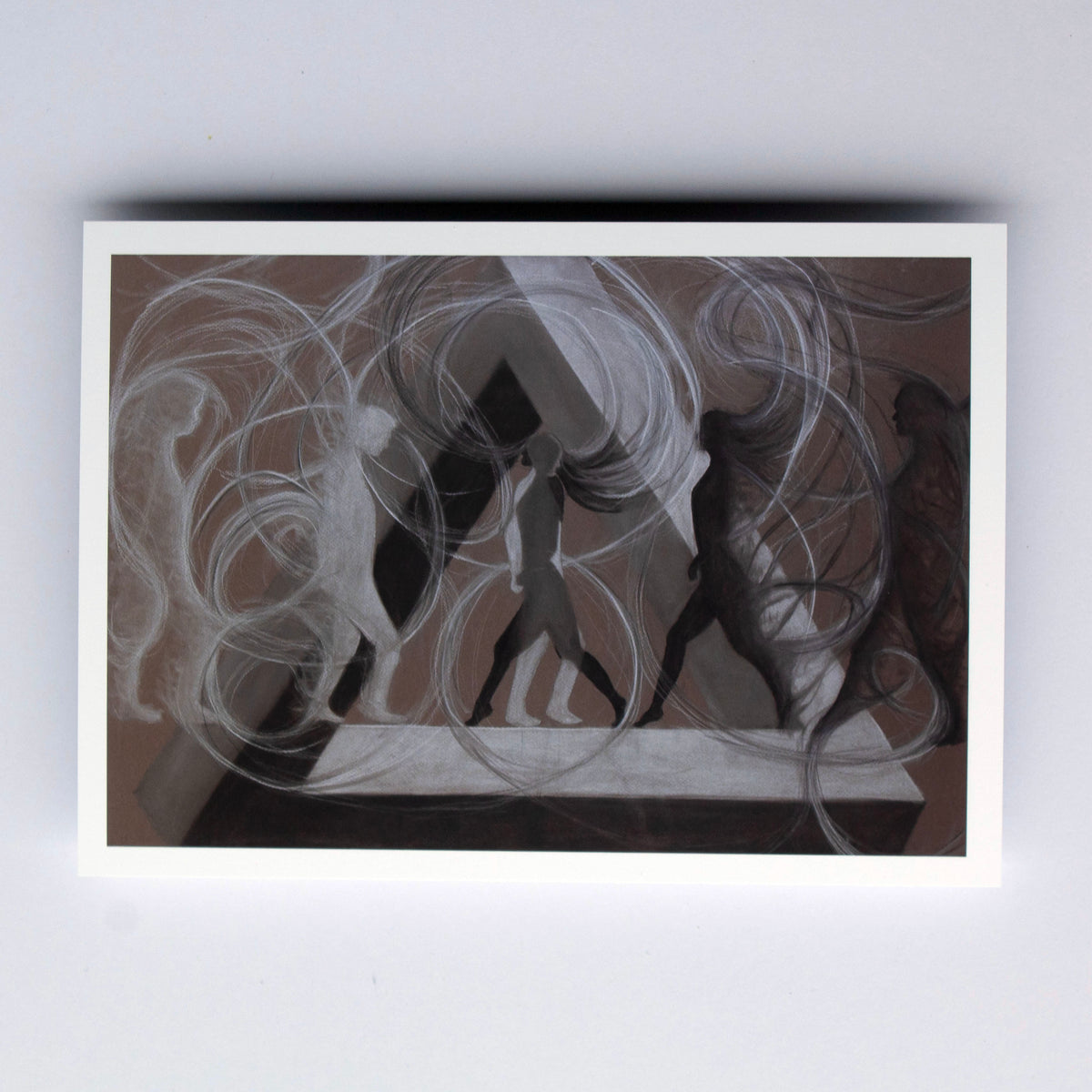 Abstract artwork with swirling lines and silhouettes on a brown background