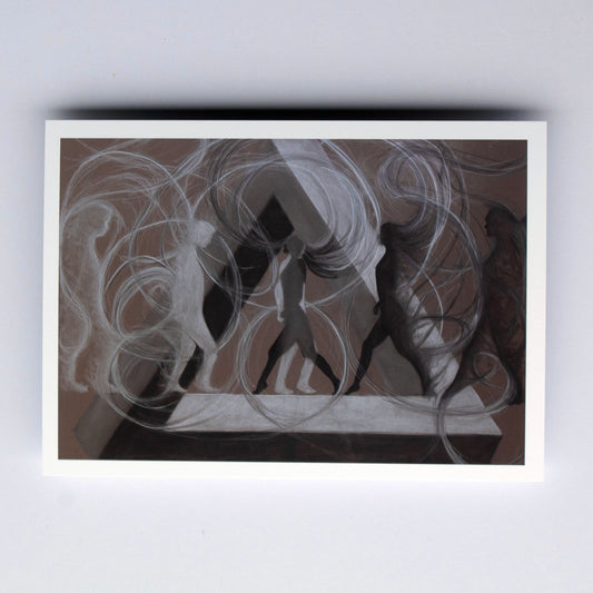 Abstract artwork with swirling lines and silhouettes on a brown background