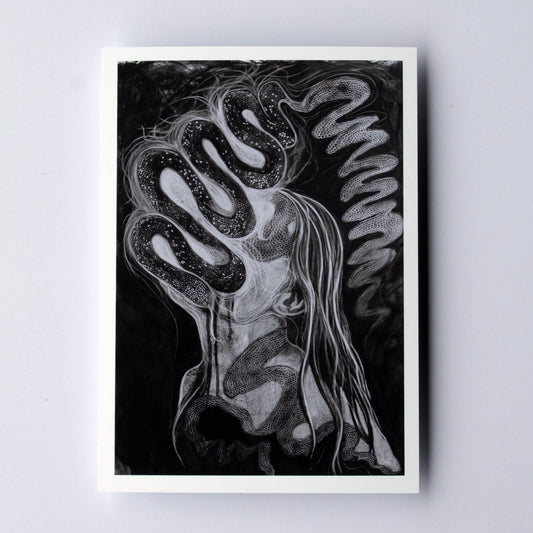 Black and white abstract artwork with flowing lines and patterns of a illuminated snake and its shedding skin. 