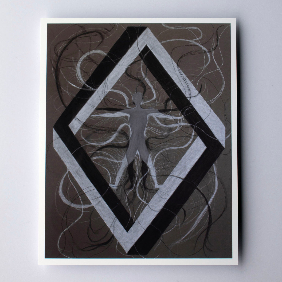 An abstract diamond shape with two individuals overlapping each other creating a grey overlap with flowing abstract lines around the background 
