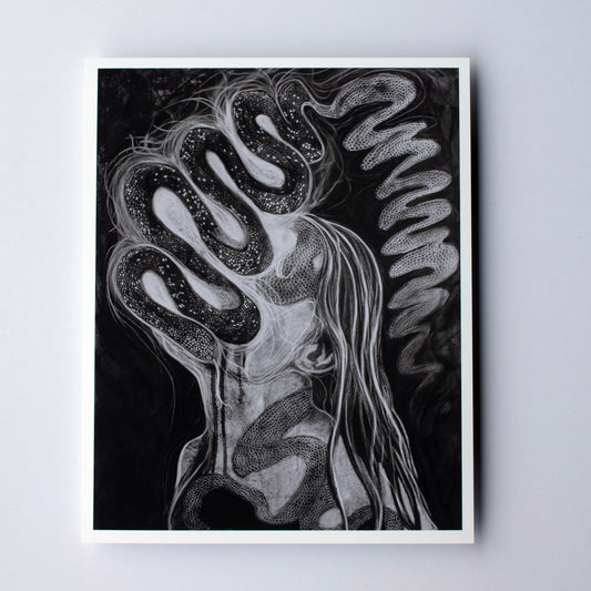 Black and white abstract artwork with flowing lines and patterns of a illuminated snake and its shedding skin. 