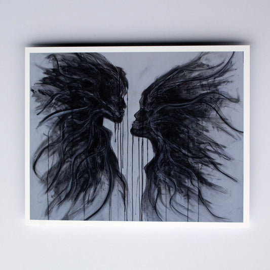 A dark, dramatic black and gray artwork showing two winged, face-like forms facing each other against a pale background, with vertical drip-like lines extending downward.