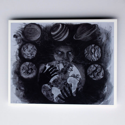 A monochrome artwork depicting a figures face and hands holding a globe, surrounded by stylized planets and abstract circular forms in black, gray, and white.