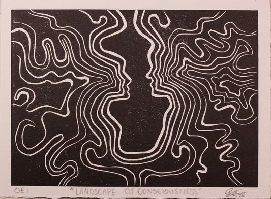 Black and white wavy line pattern like a topographic map forming abstract figures in the middle