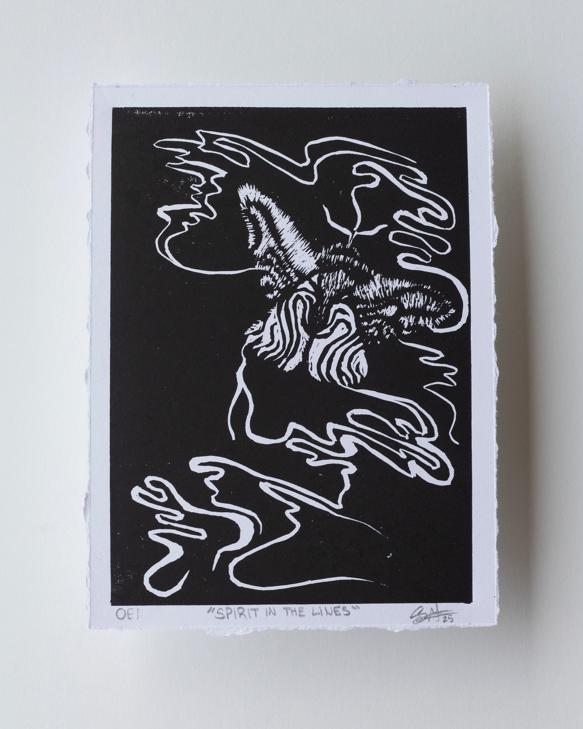 A black and white art print featuring an abstract, stylized moth with flowing line art, photographed on a light neutral background.