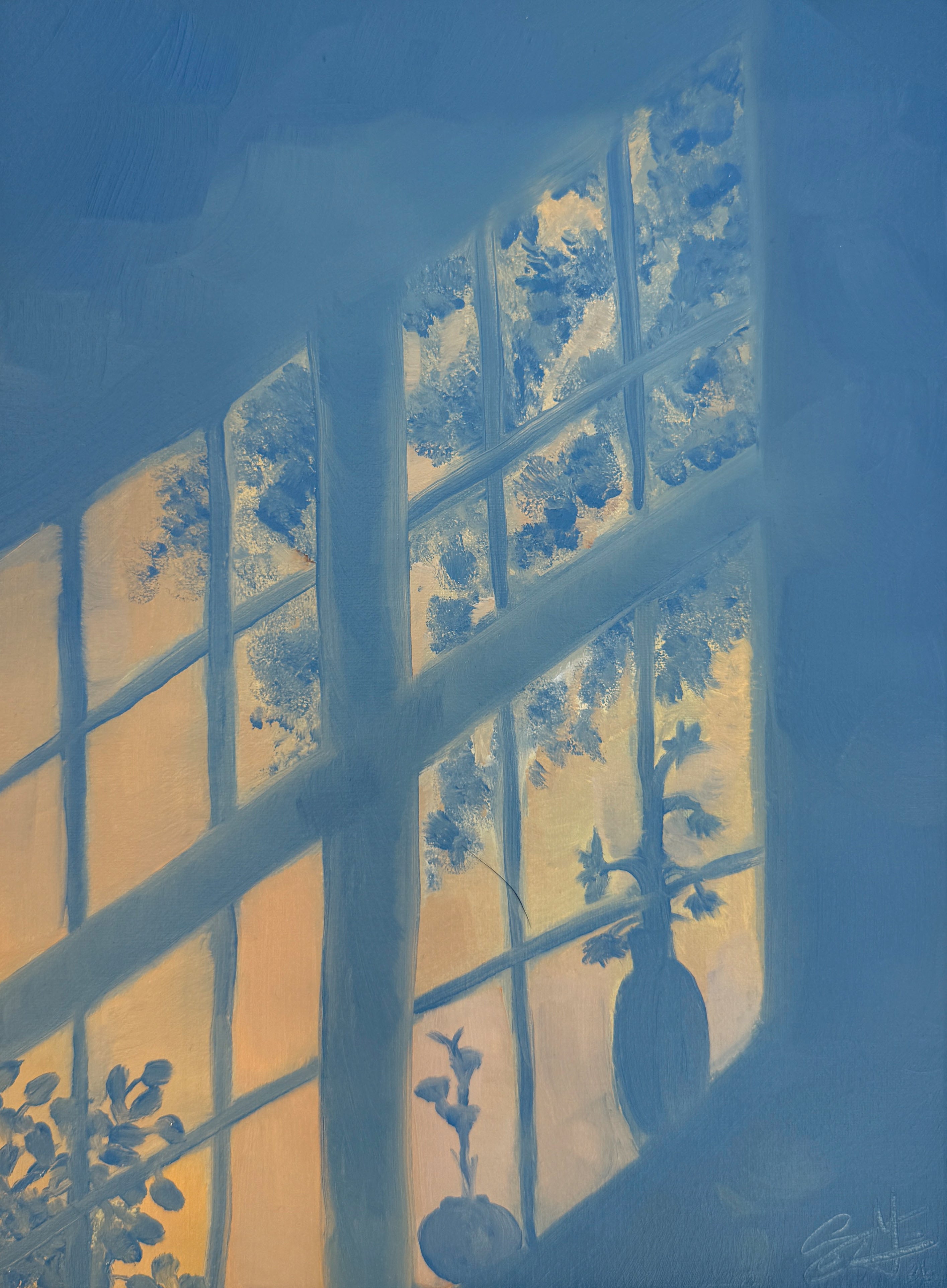 An impressionistic painting of a window with blue and yellow light, showing silhouettes of plants and a vase against a blue background.