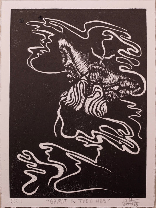 Black and white linocut print of a moth with abstract elements on a dark background