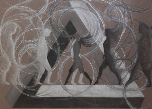 Abstract artwork with swirling lines and silhouettes on a brown background