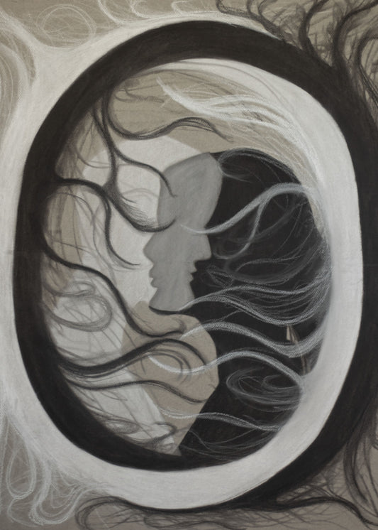 An abstract circle with black and white figures overlapping in the middle on a cream background