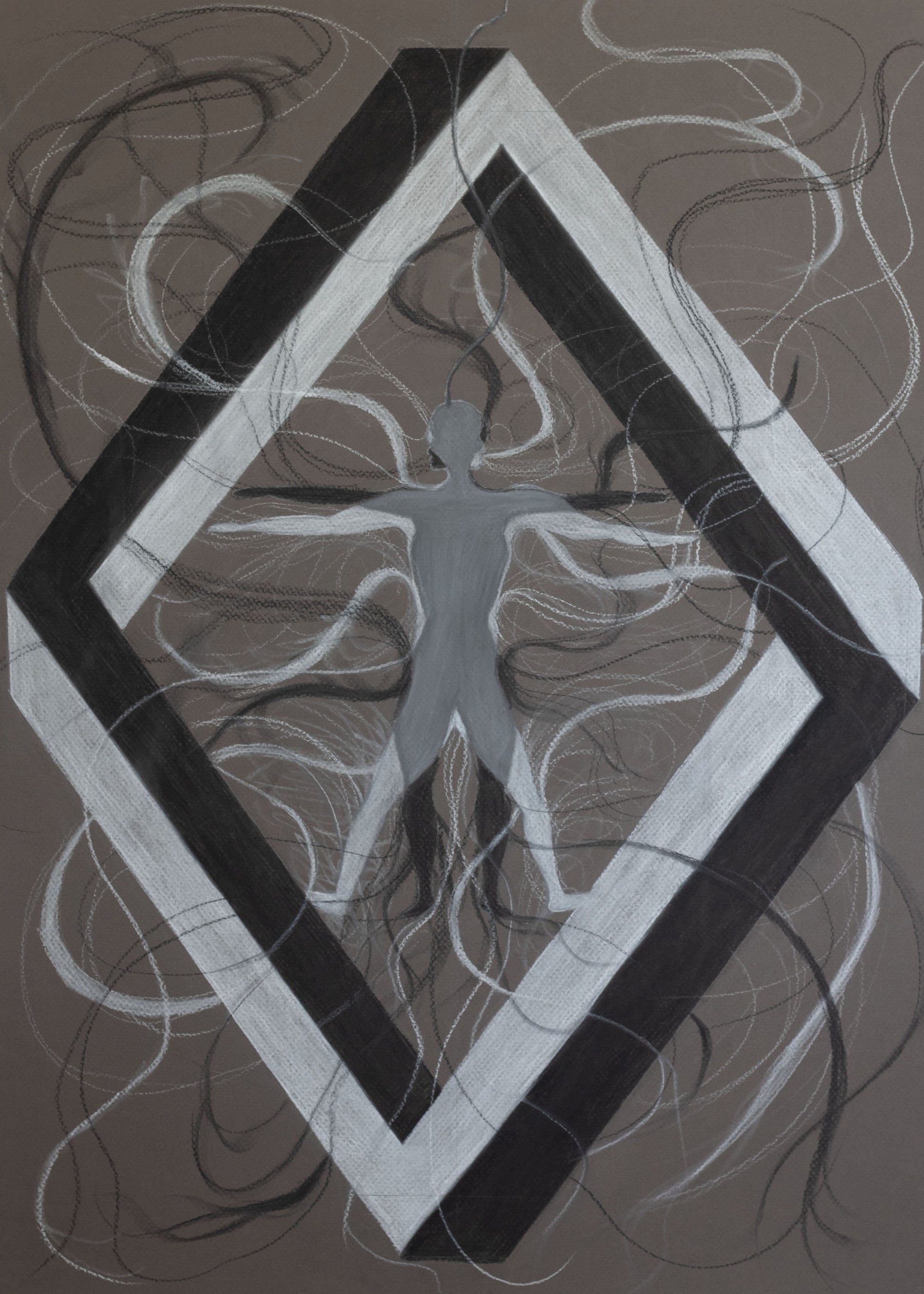 An abstract diamond shape with two individuals overlapping each other creating a grey overlap with flowing abstract lines around the background 