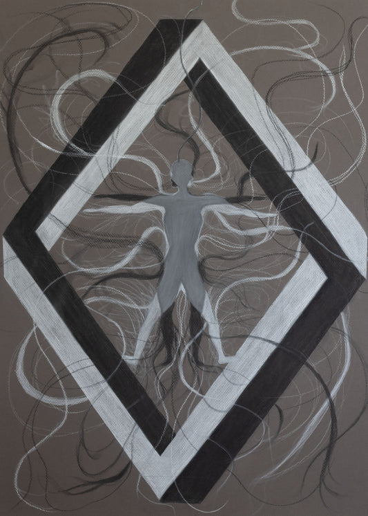 An abstract diamond shape with two individuals overlapping each other creating a grey overlap with flowing abstract lines around the background 