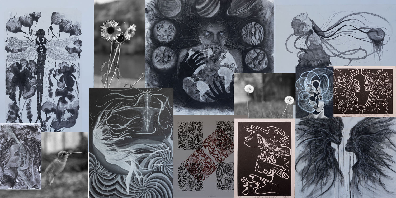 A collage of black and white artistic illustrations and sketches, including floral, abstract, and figure designs, arranged in a grid-like layout.