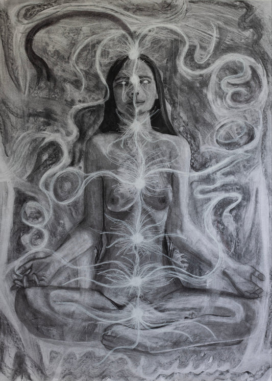 Artistic depiction of a nude figure with intricate patterns and energy lines flowing around and into the 7 chakra points. 
