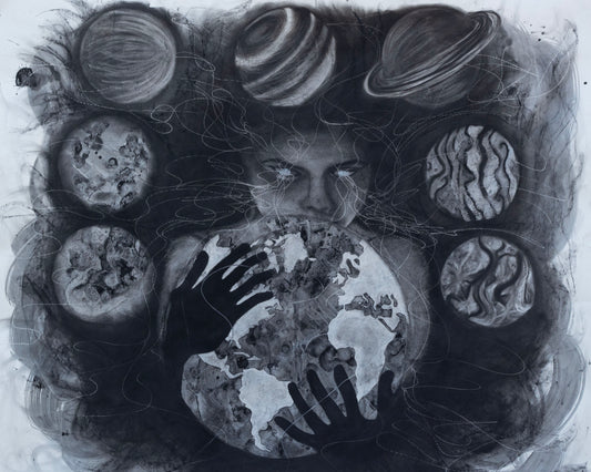 A monochrome artwork depicting a figures face and hands holding a globe, surrounded by stylized planets and abstract circular forms in black, gray, and white.