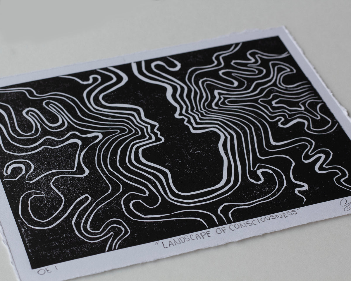 A black and white art print titled "Landscape of Consciousness" featuring 2 abstract face profile made of white contour lines on a black background, photographed with a white paper border