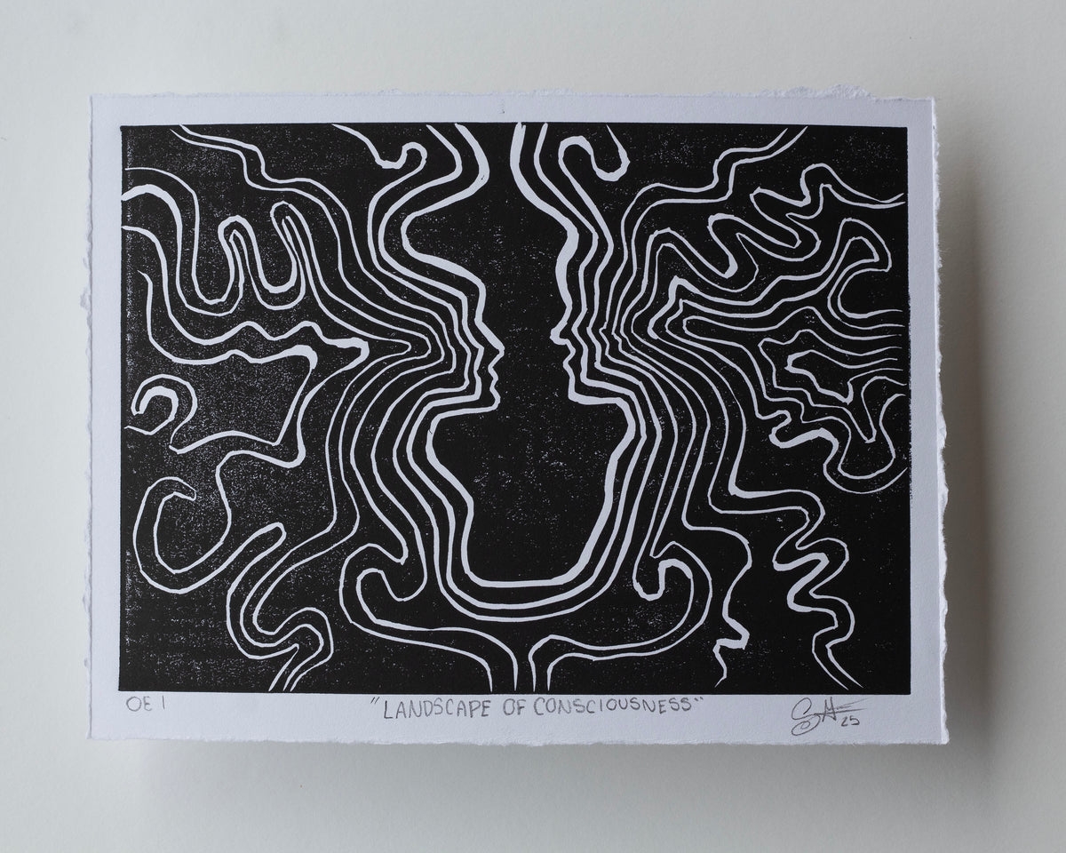 A black and white art print titled "Landscape of Consciousness" featuring 2 abstract face profile made of white contour lines on a black background, photographed with a white paper border